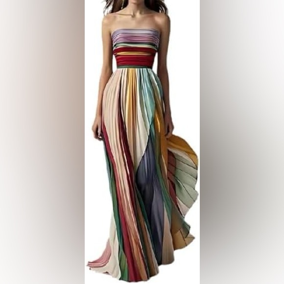 TRENDY VIRAL rainbow Multicolor Striped pleated strapless Maxi Dress *2 for 20* - Picture 8 of 13